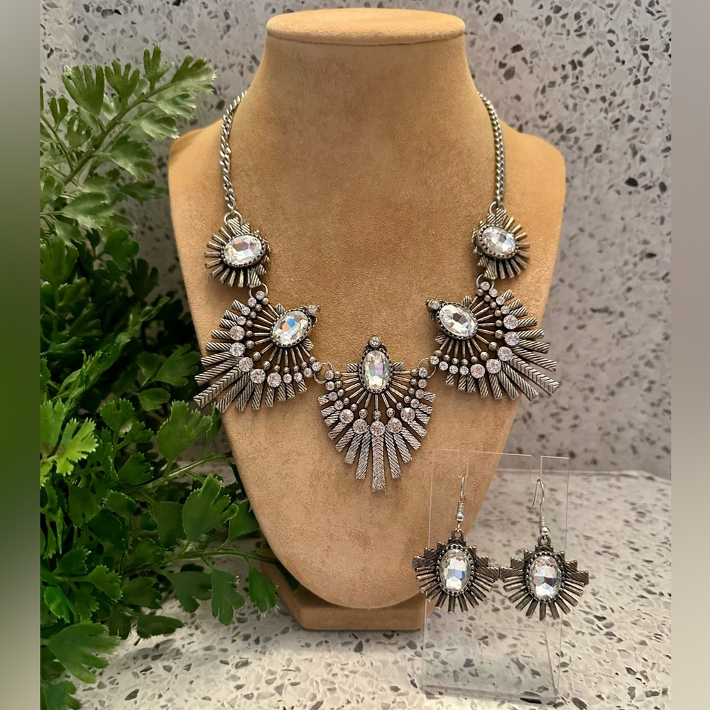 Silver Rhinestone Statement Necklace Set - image 1